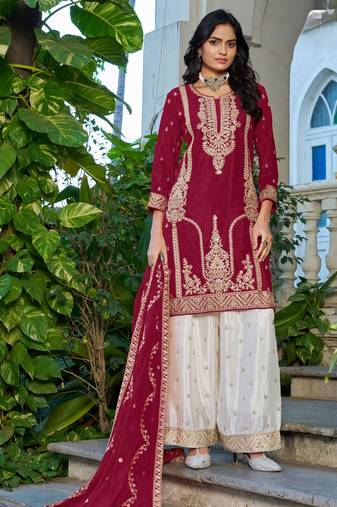 Red fancy fabric embroidered free size suit