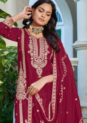 Red fancy fabric embroidered free size suit 2