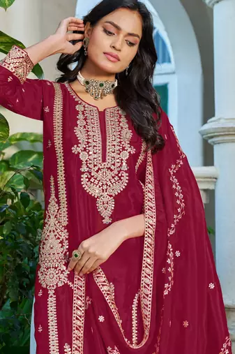 Red fancy fabric embroidered free size suit
