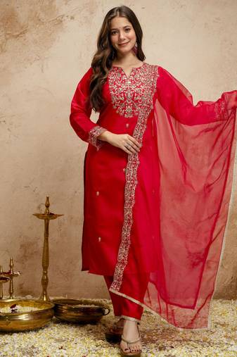 Red silk blend embroidered free size suit