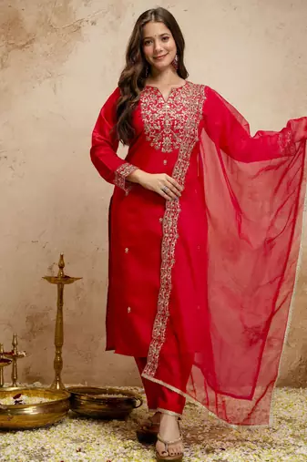 Red silk blend embroidered free size suit