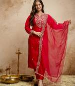 Red silk blend embroidered free size suit