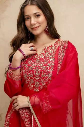 Red silk blend embroidered free size suit