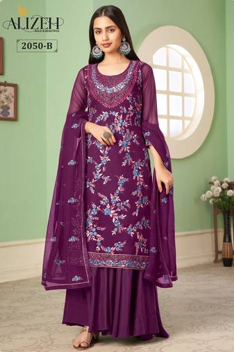 Purple georgette embroidered & sequins free size suit