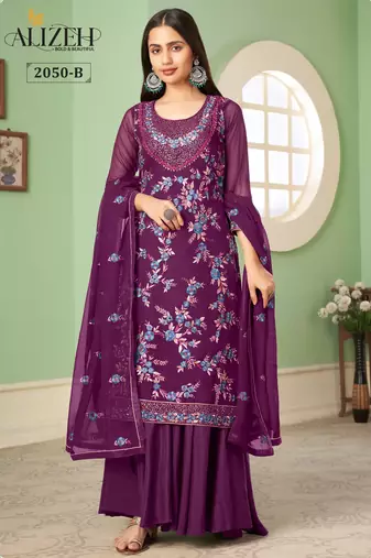Purple georgette embroidered & sequins free size suit