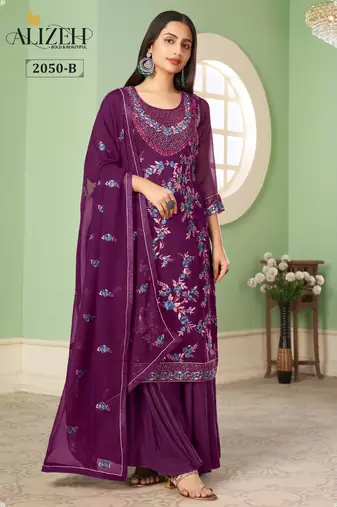 Purple georgette embroidered & sequins free size suit