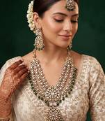 Royal polki kundan green stone layered necklace set with maang tikka