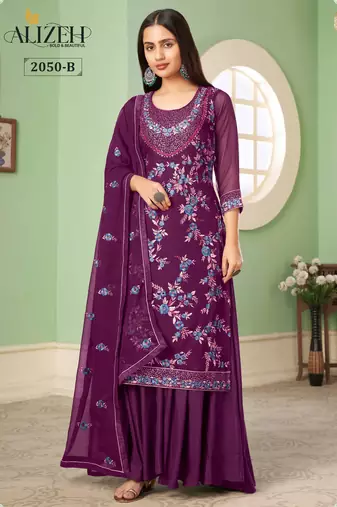Purple georgette embroidered & sequins free size suit