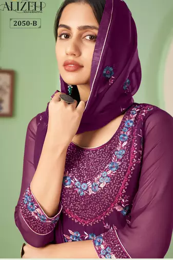 Purple georgette embroidered & sequins free size suit