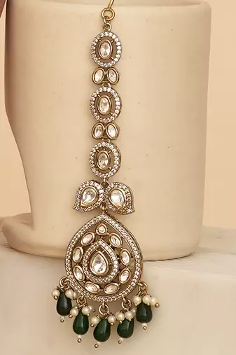 Royal polki kundan green stone layered necklace set with maang tikka
