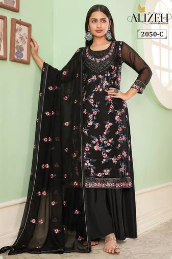 Black georgette embroidered & sequins free size suit
