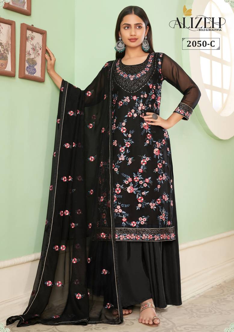 Black georgette embroidered & sequins free size suit