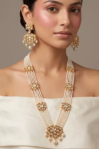 Gold plated kundan long layered bridal necklace set