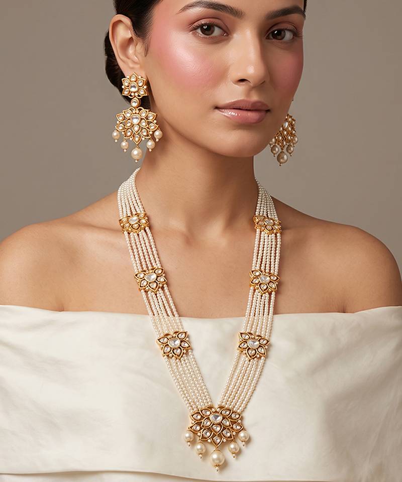 Gold plated kundan long layered bridal necklace set