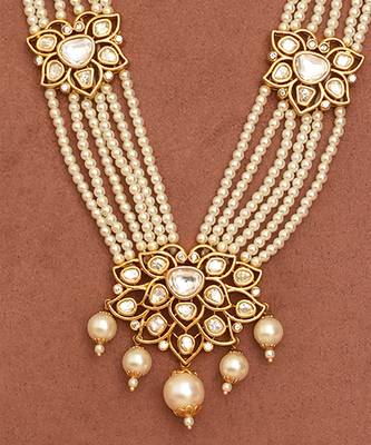 Gold plated kundan long layered bridal necklace set 2
