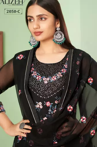 Black georgette embroidered & sequins free size suit