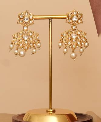 Gold plated kundan long layered bridal necklace set 3