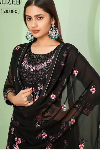 Black georgette embroidered & sequins free size suit