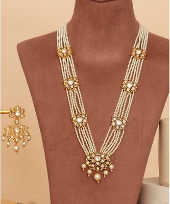 Gold plated kundan long layered bridal necklace set 4