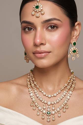 Gold plated green kundan polki rani haar necklace set
