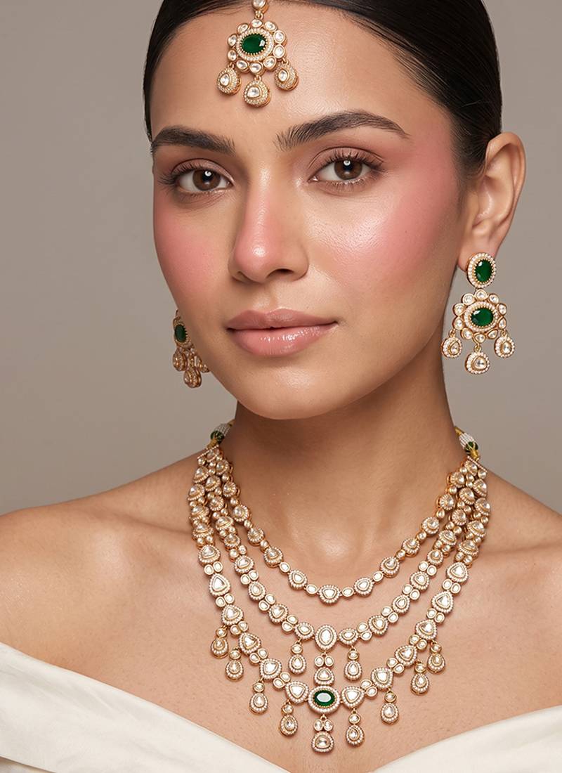 Gold plated green kundan polki rani haar necklace set