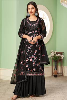 Black georgette embroidered & sequins free size suit 4