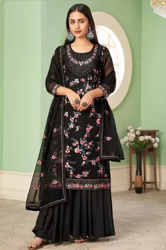 Black georgette embroidered & sequins free size suit