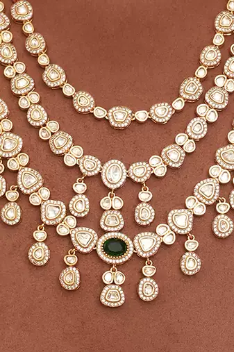 Gold plated green kundan polki rani haar necklace set