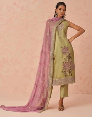Green fancy fabric zari/thraed embroidery   sequins & stone free size suit 1