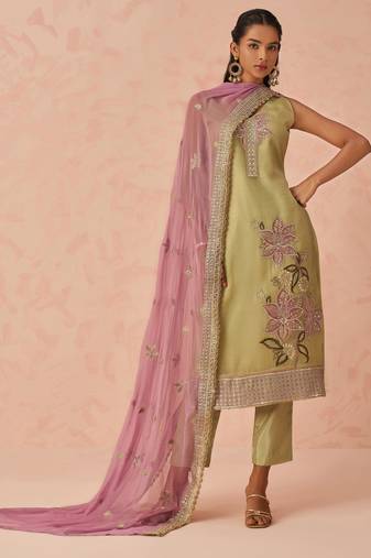 Green fancy fabric zari/thraed embroidery   sequins & stone free size suit