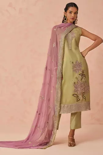 Green fancy fabric zari/thraed embroidery   sequins & stone free size suit