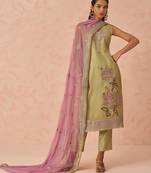 Green fancy fabric zari/thraed embroidery   sequins & stone free size suit