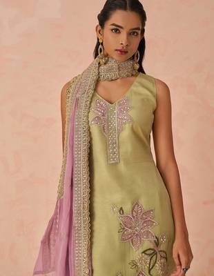 Green fancy fabric zari/thraed embroidery   sequins & stone free size suit 2