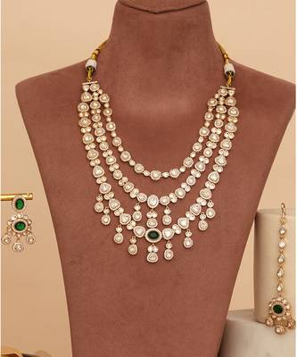 Gold plated green kundan polki rani haar necklace set 5
