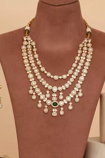 Gold plated green kundan polki rani haar necklace set