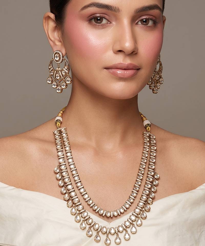 Gold plated kundan long haar necklace set