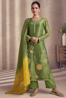 Green silk blend embroidery & sequins  free size suit 1