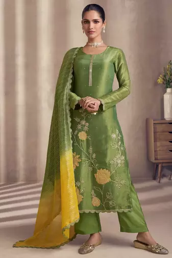 Green silk blend embroidery & sequins  free size suit