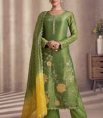 Green silk blend embroidery & sequins  free size suit