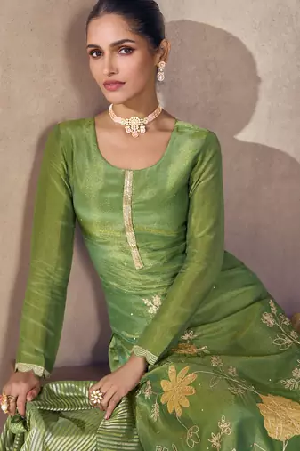 Green silk blend embroidery & sequins  free size suit