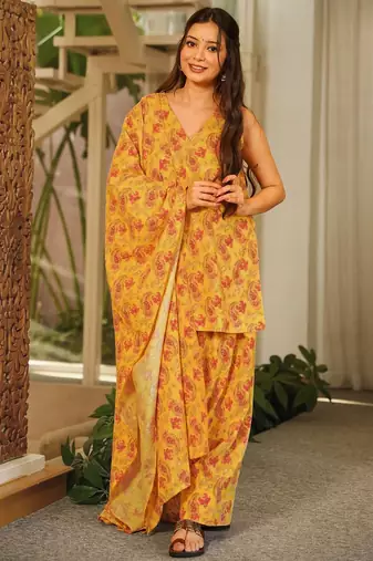 Orange blended cotton digital print free size suit