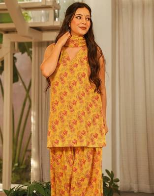 Orange blended cotton digital print free size suit 2