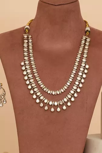 Gold plated kundan long haar necklace set