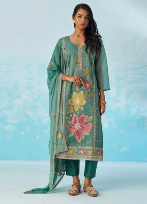 Blue fancy fabric thread and sequins embroidery free size suit 1