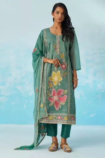 Blue fancy fabric thread and sequins embroidery free size suit
