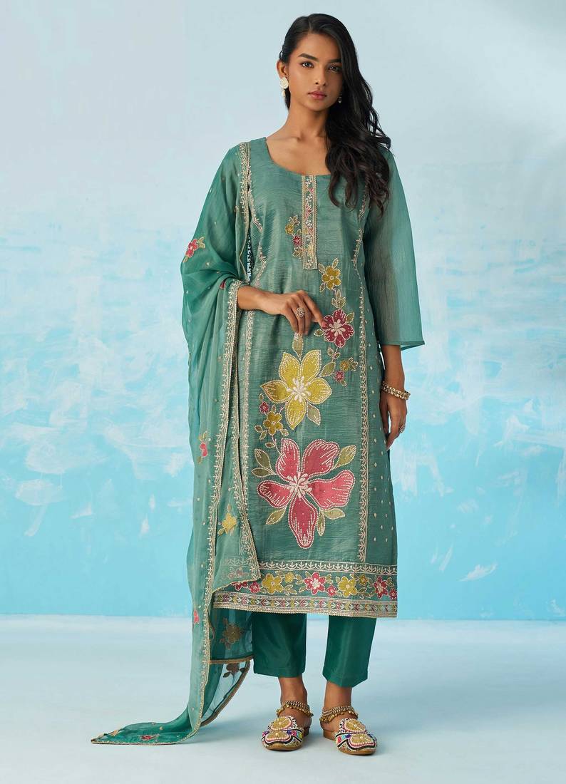 Blue fancy fabric thread and sequins embroidery free size suit
