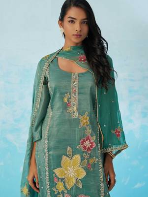 Blue fancy fabric thread and sequins embroidery free size suit 2