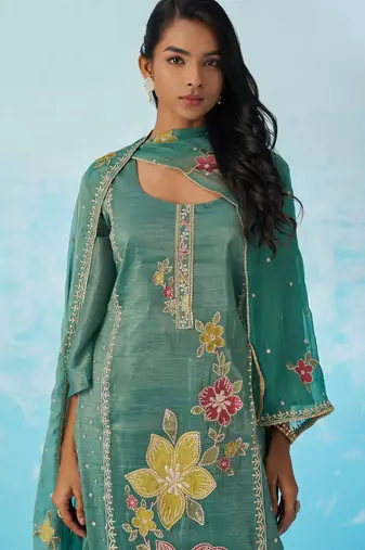 Blue fancy fabric thread and sequins embroidery free size suit