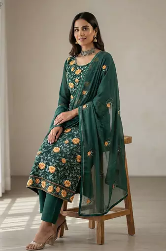 Teal green georgette multi thread and sequins embroidery work free size suit