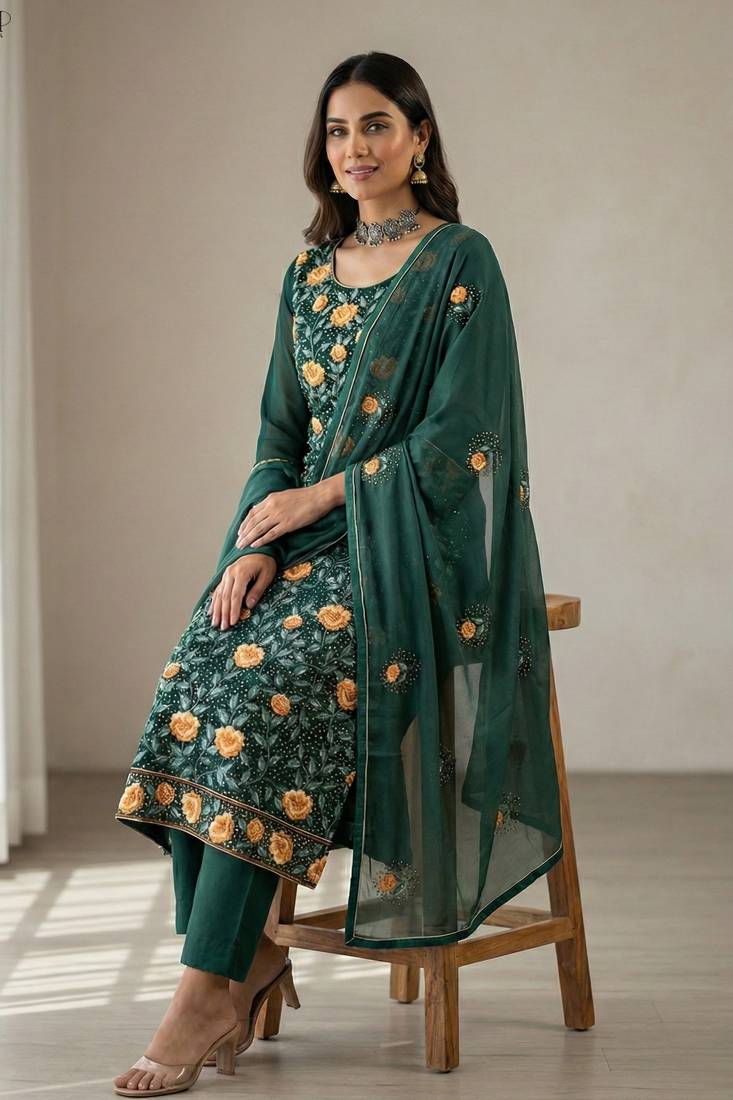 Teal green georgette multi thread and sequins embroidery work free size suit